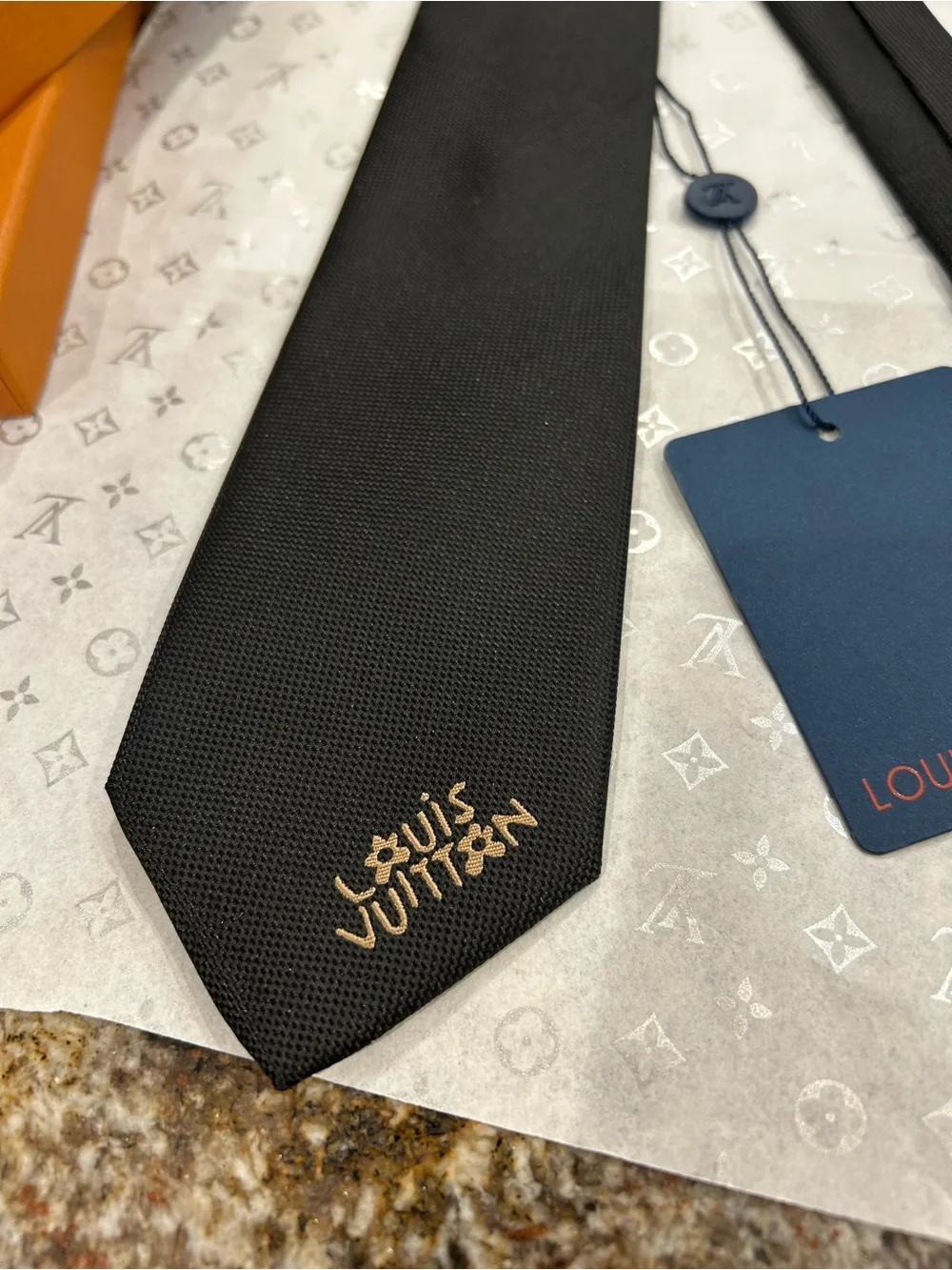 Louis Vuitton Black Silk Tie with Gold Motif